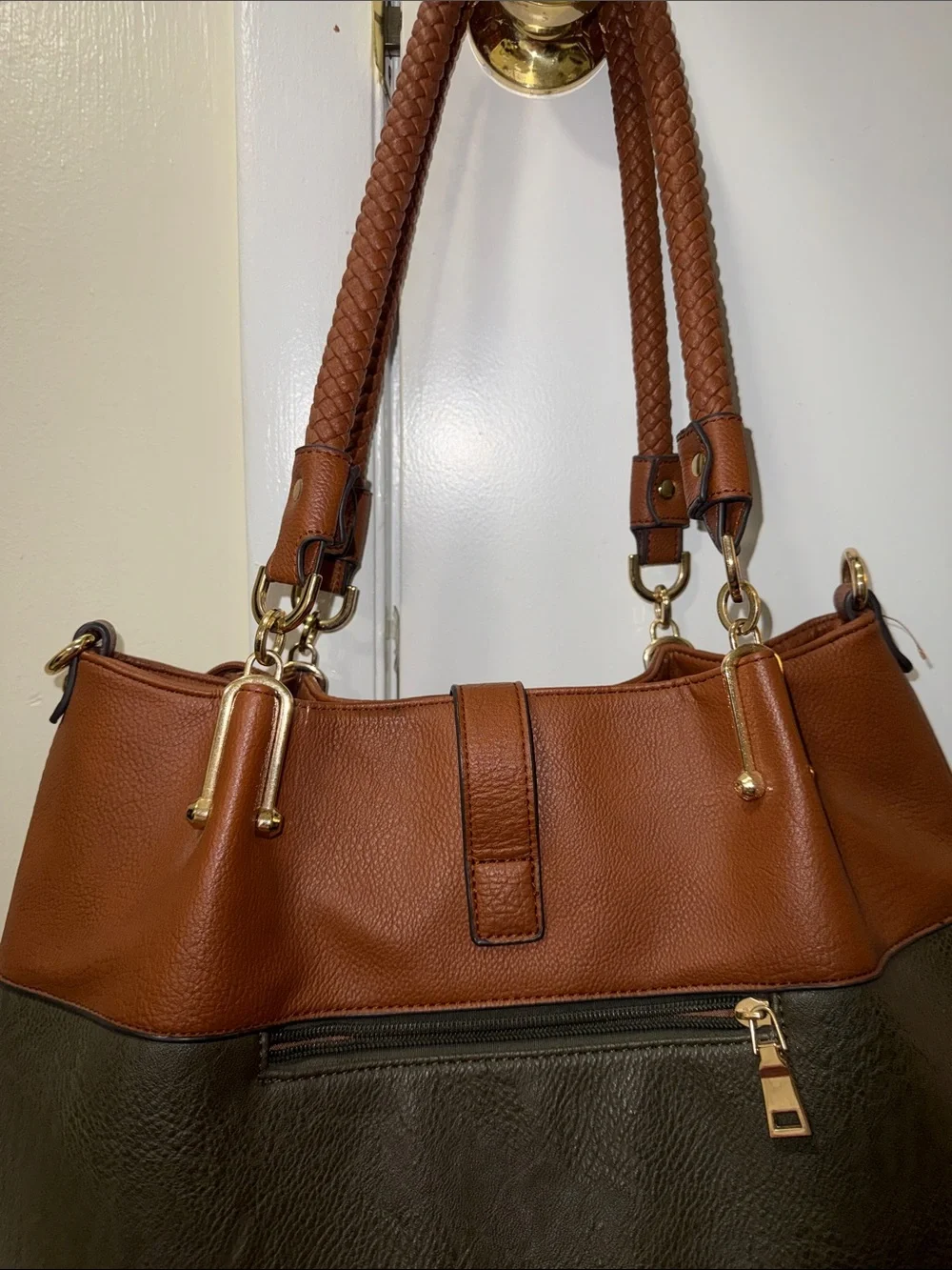 Two-Tone Shoulder Tote Bag in Brown and Olive